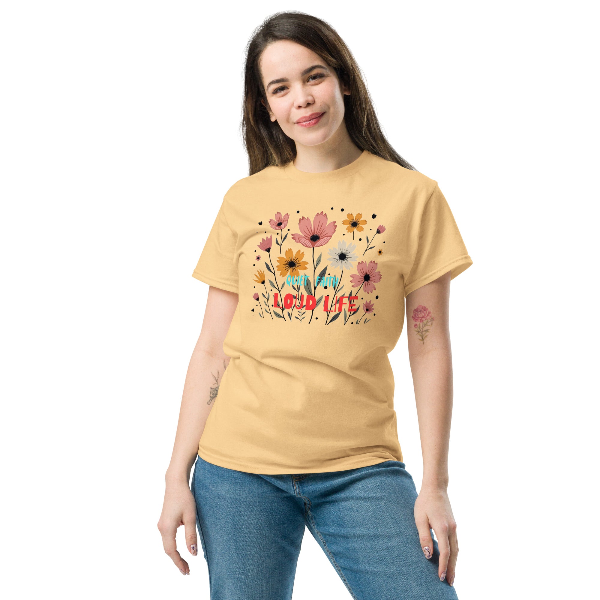 Apparel Hue Art branding and neck label on the Quiet Faith Loud Life premium cotton shirt.