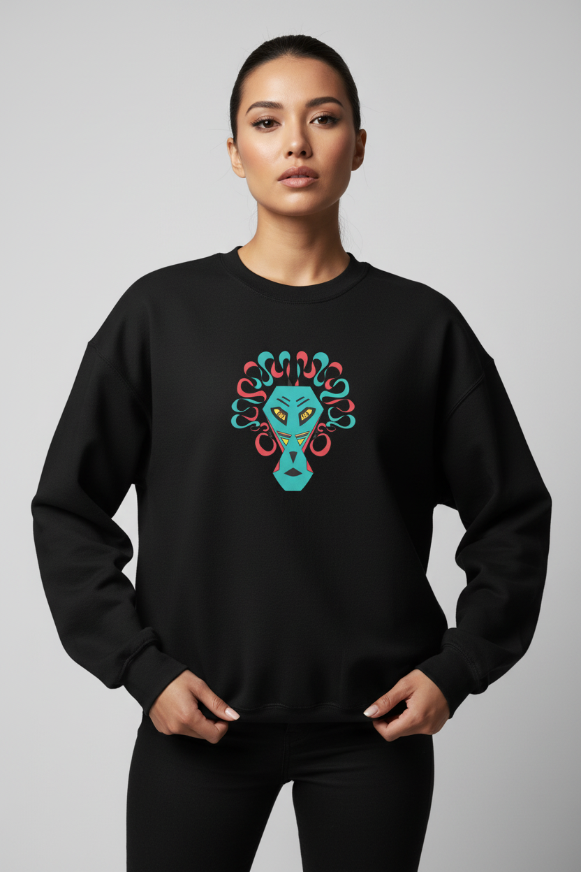 Person wearing a black sweatshirt with a colorful face design on a gray background
