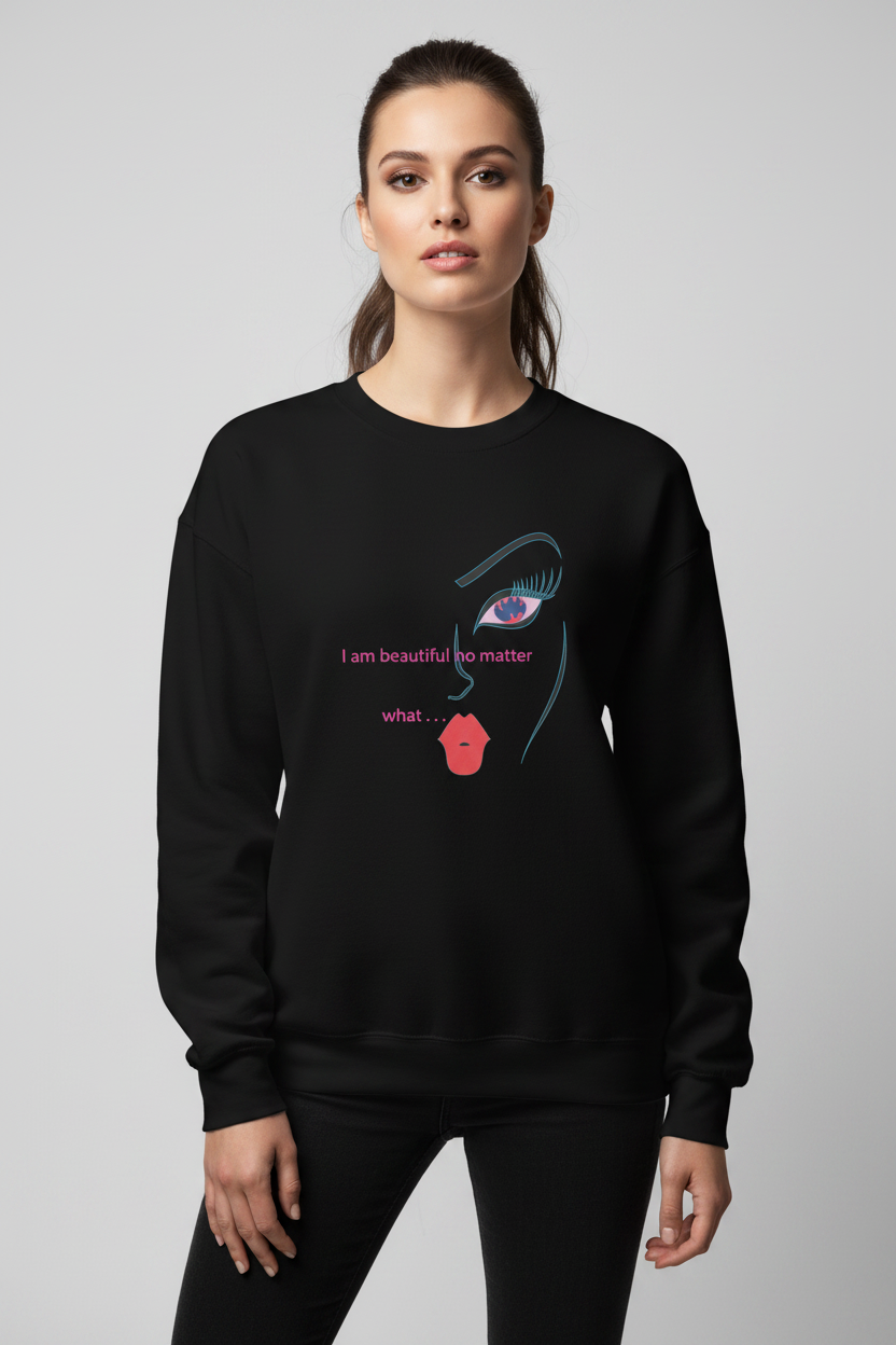 Person wearing a black sweatshirt with a graphic design and text on a gray background