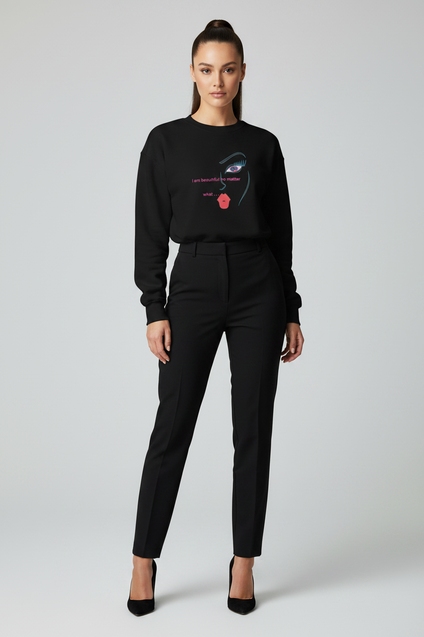 Woman wearing a black sweatshirt with a graphic design and black pants on a gray background
