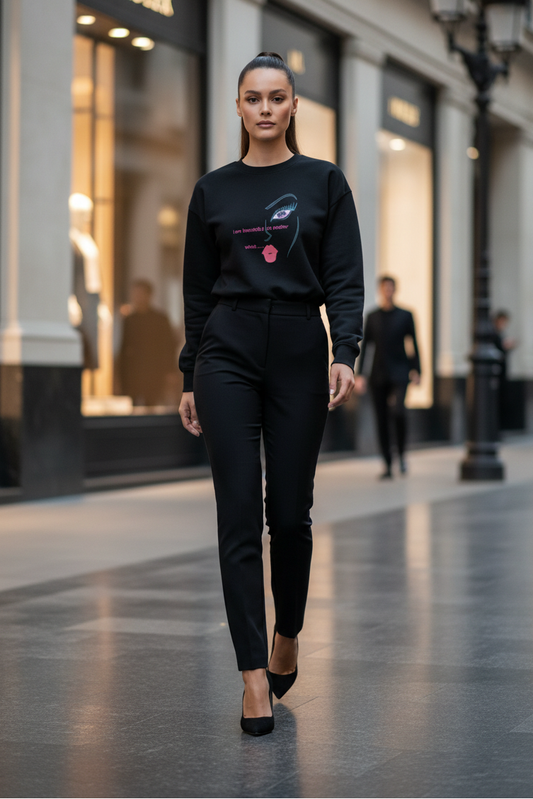 Woman in a black outfit walking on a city street with shops in the background