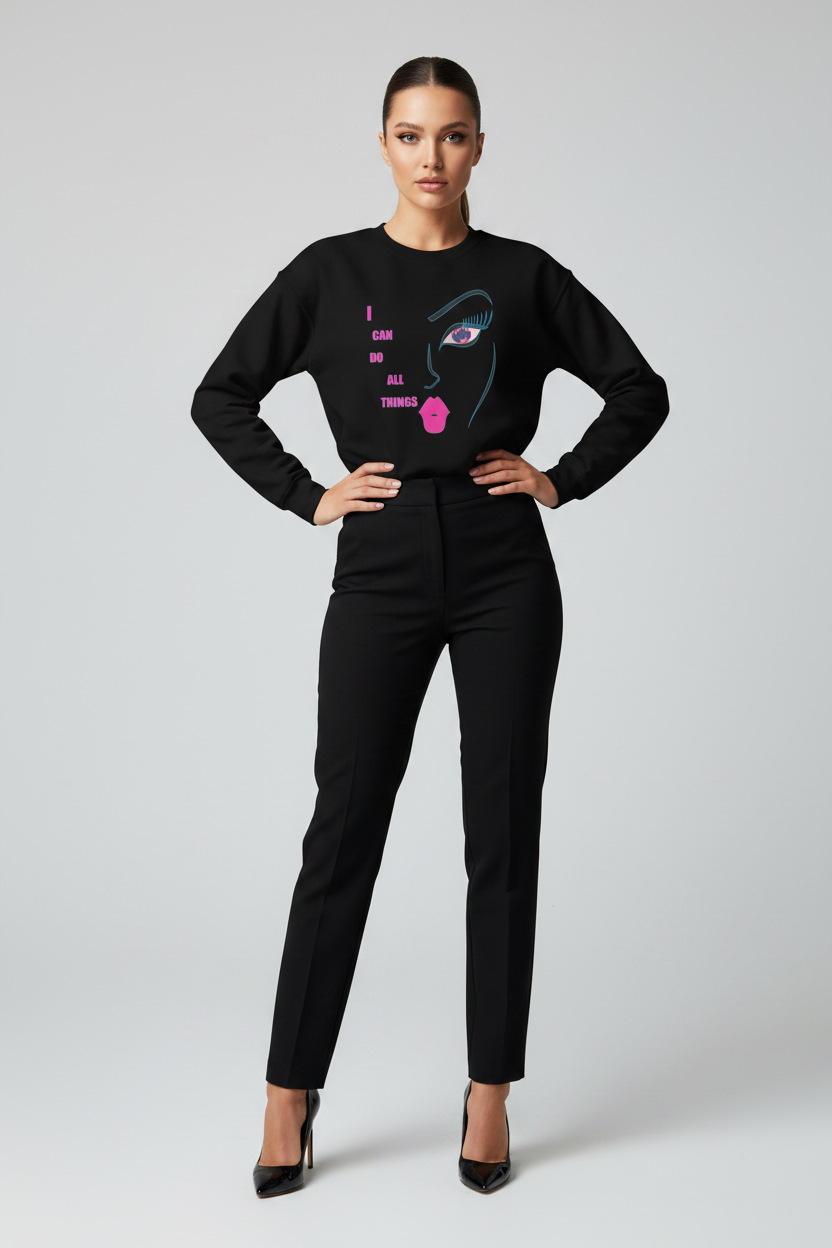 Woman wearing a black sweater with a graphic design on a gray background