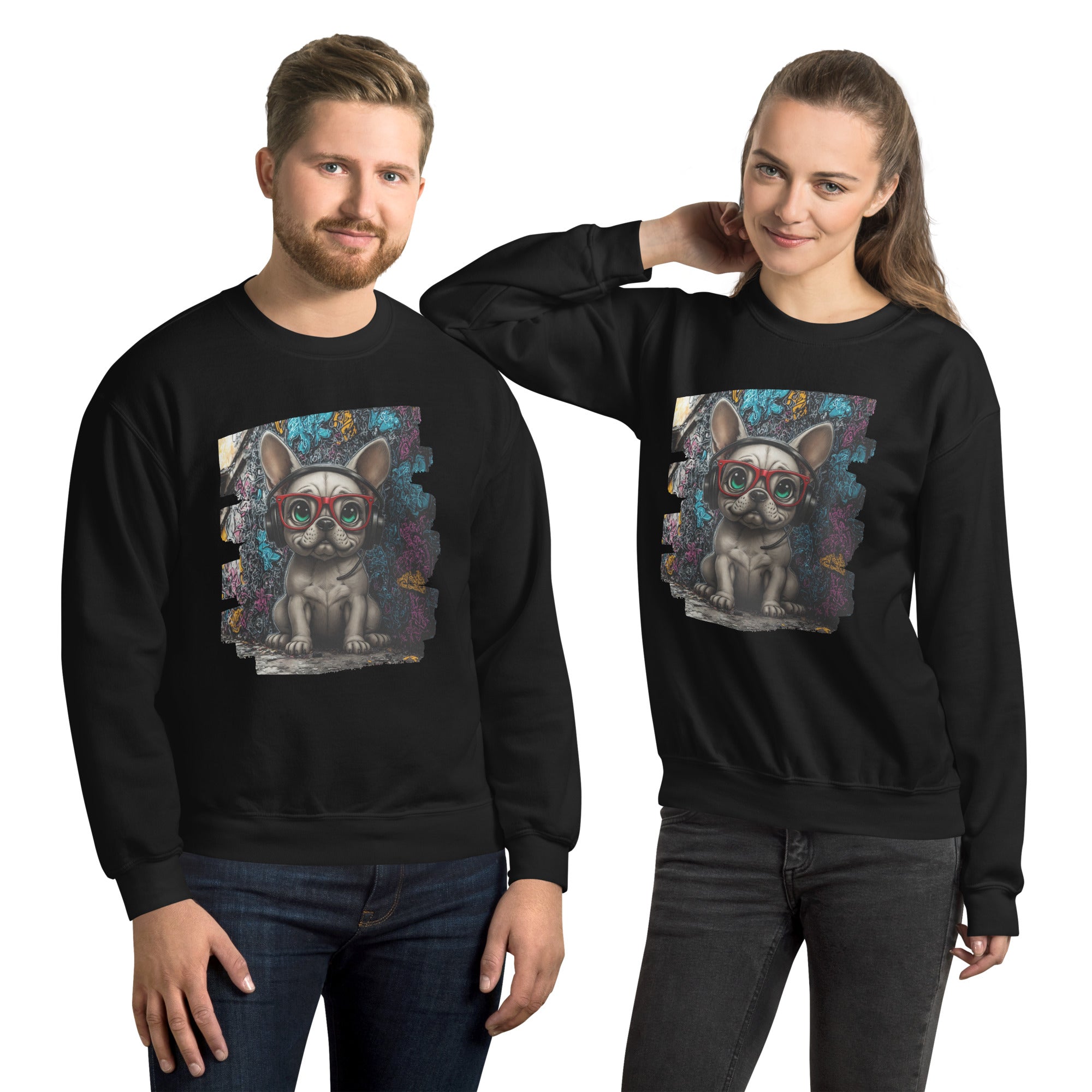 French bulldog DJ sweatshirt retro red glasses artwork