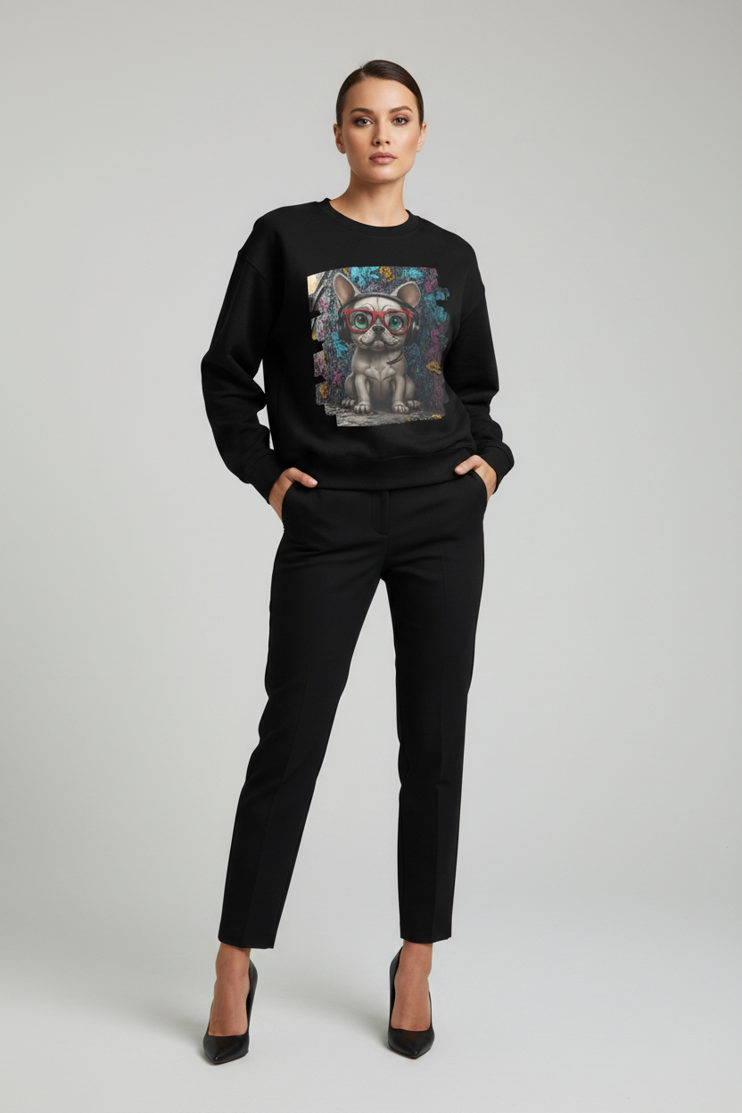Woman wearing a black sweatshirt with a graphic design on a plain background