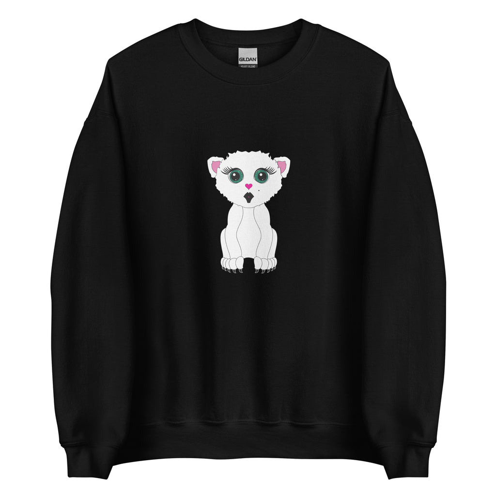 Artistic streetwear sweatshirt featuring a white cat graphic with a black open mouth and pink-lined ears.