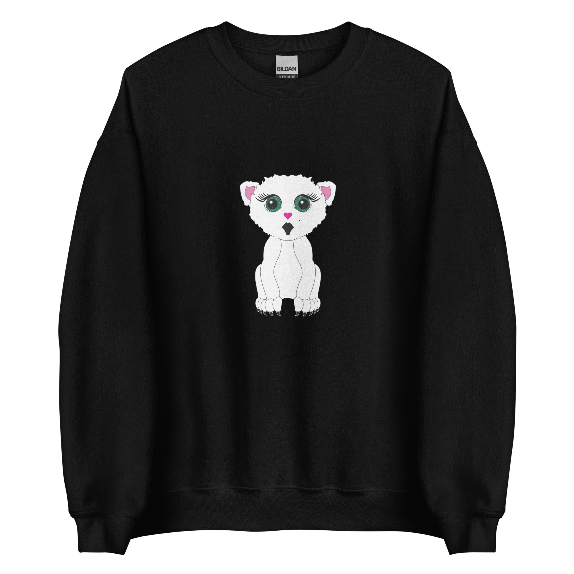 Artistic streetwear sweatshirt featuring a white cat graphic with a black open mouth and pink-lined ears.