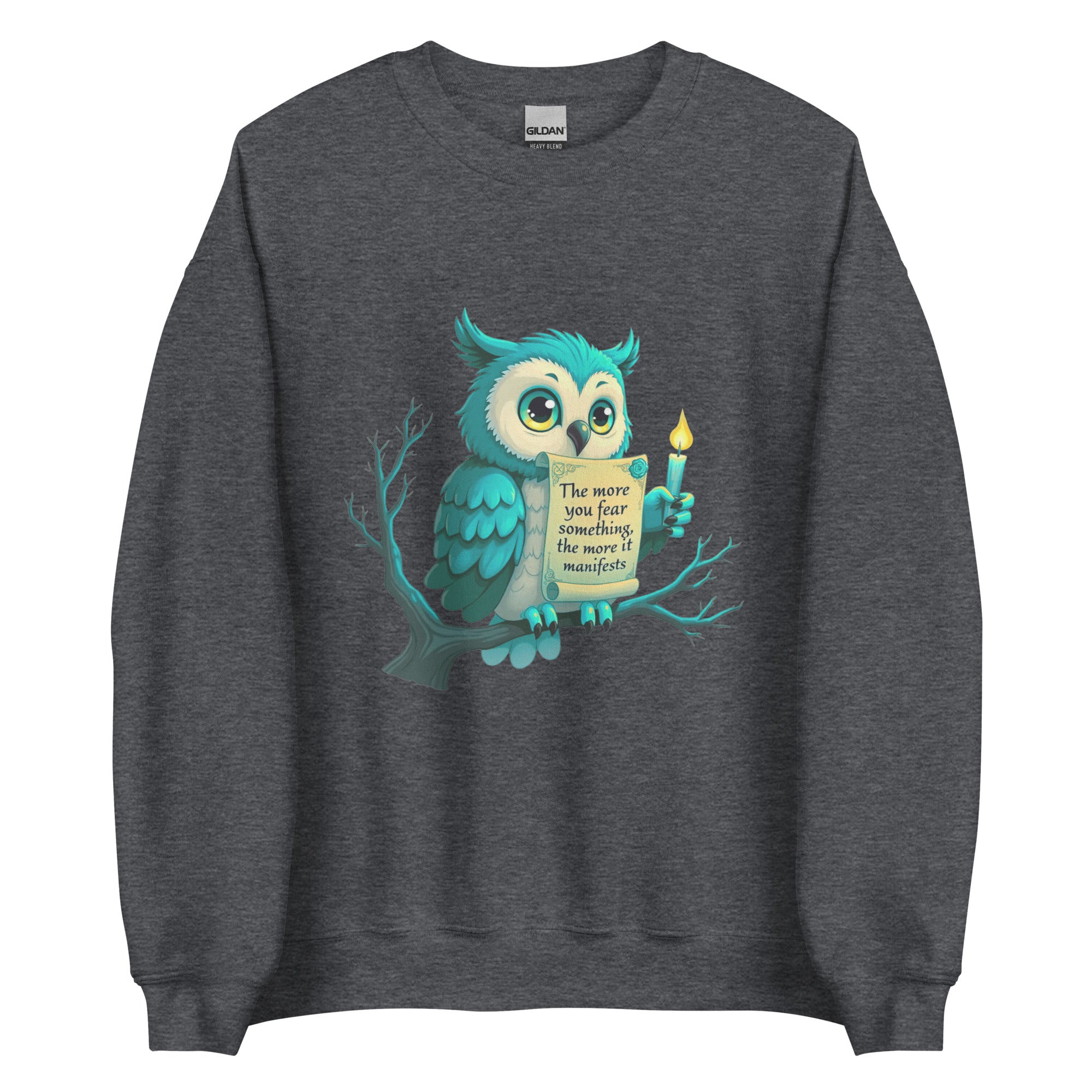 Mystical owl graphic jumper with manifestation law of attraction message.