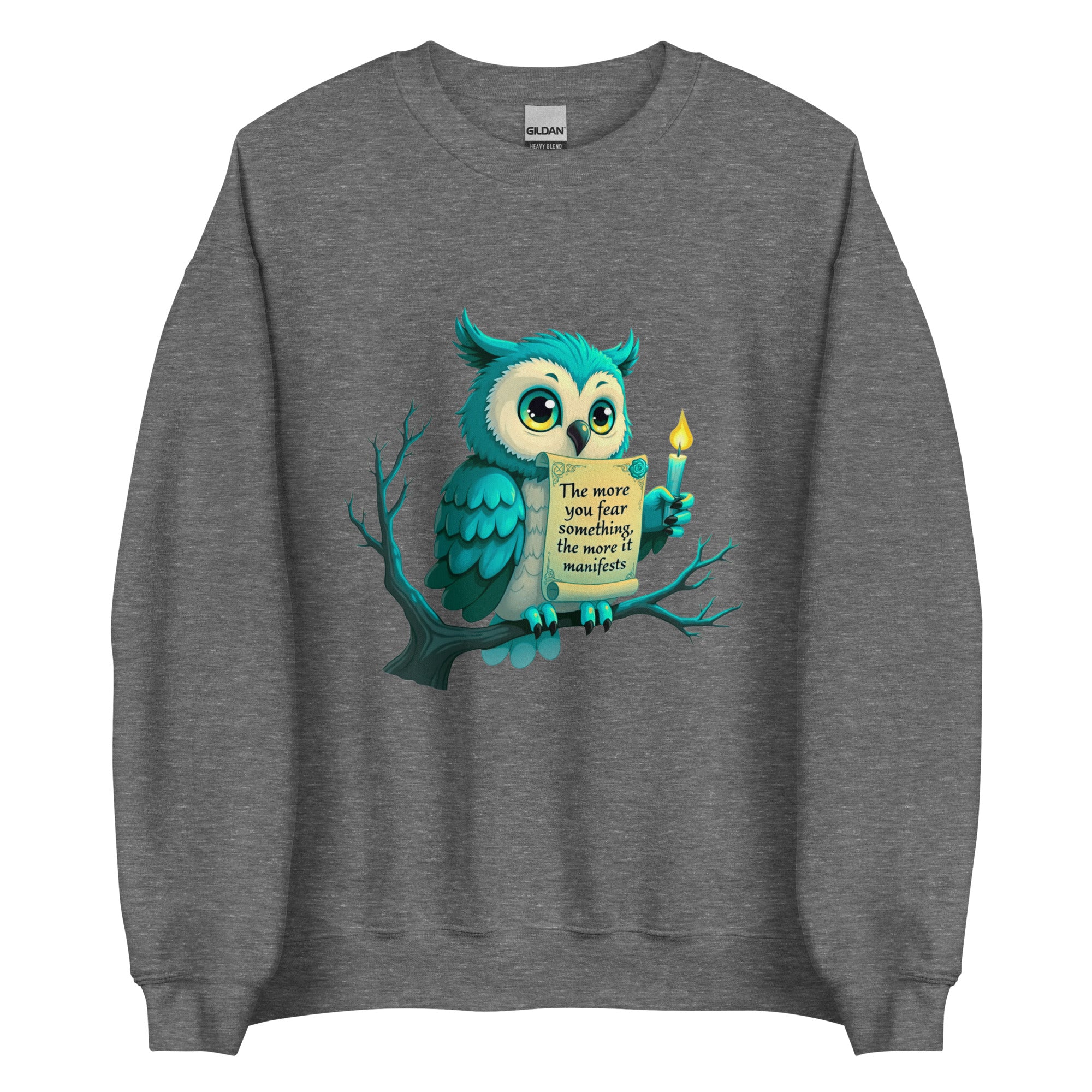 Detailed owl artwork for streetwear showing a bird holding a scroll and candle.