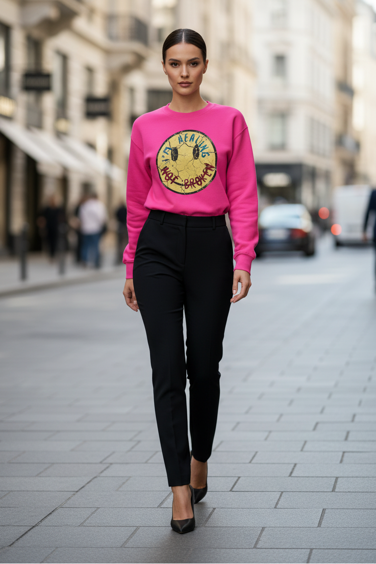Woman wearing a bright pink sweatshirt with a graphic design and black pants on a city street.