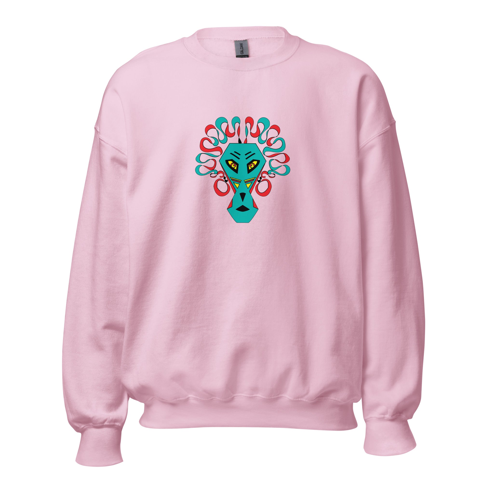 A pink unisex sweatshirt with a graphic print of a stylized animal face and abstract patterns on the front.