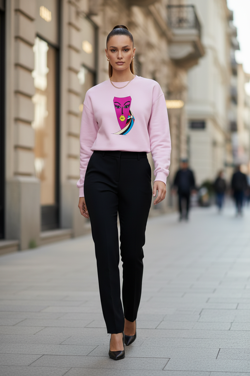 Woman wearing a pink sweater with a graphic design on a city street.