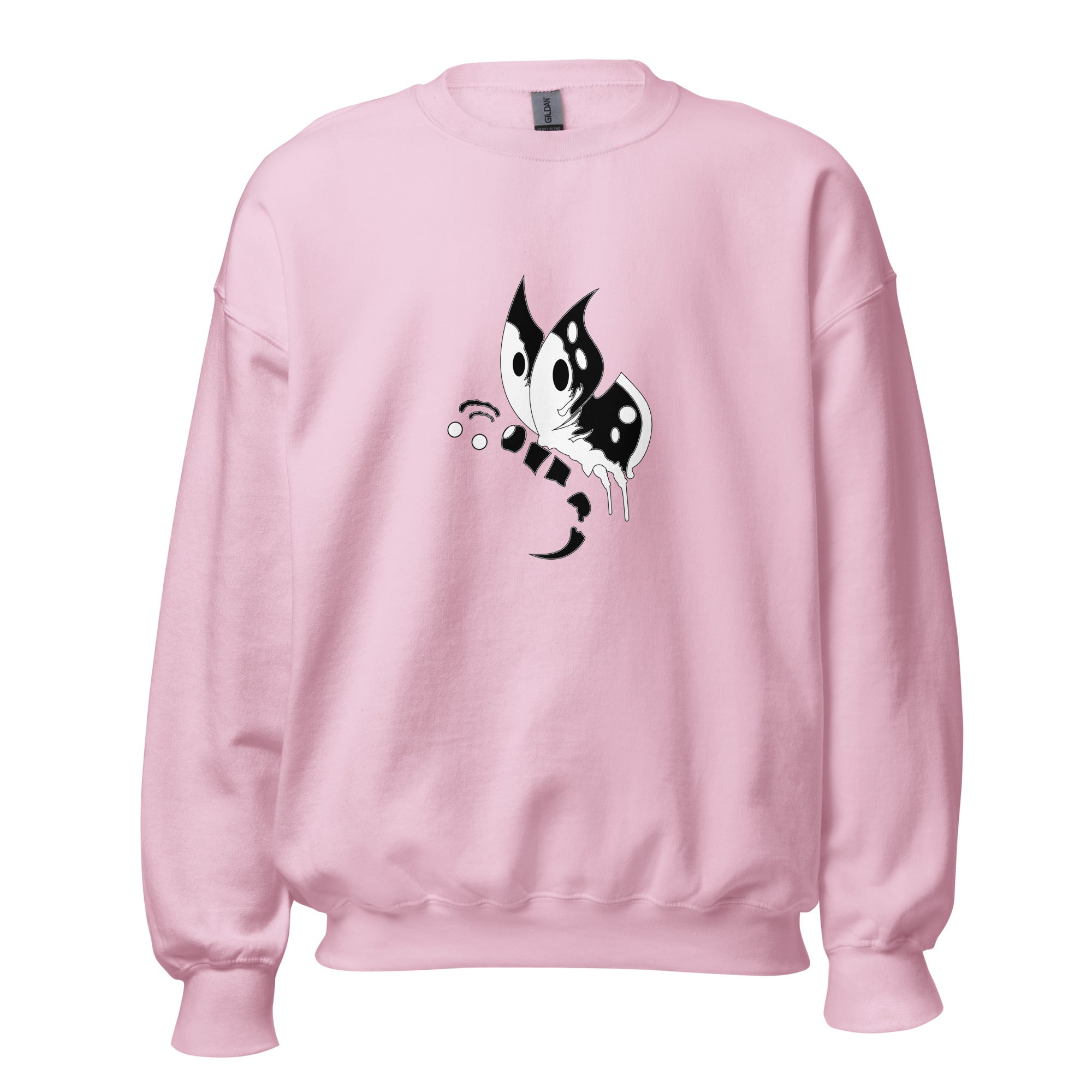 A pink unisex sweatshirt with a black graphic print of a butterfly on the front.