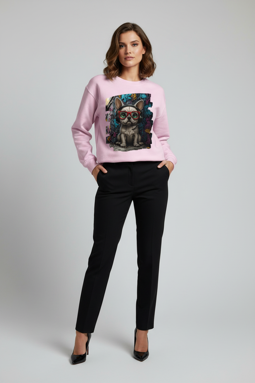Woman wearing a pink sweatshirt with a graphic design on a gray background