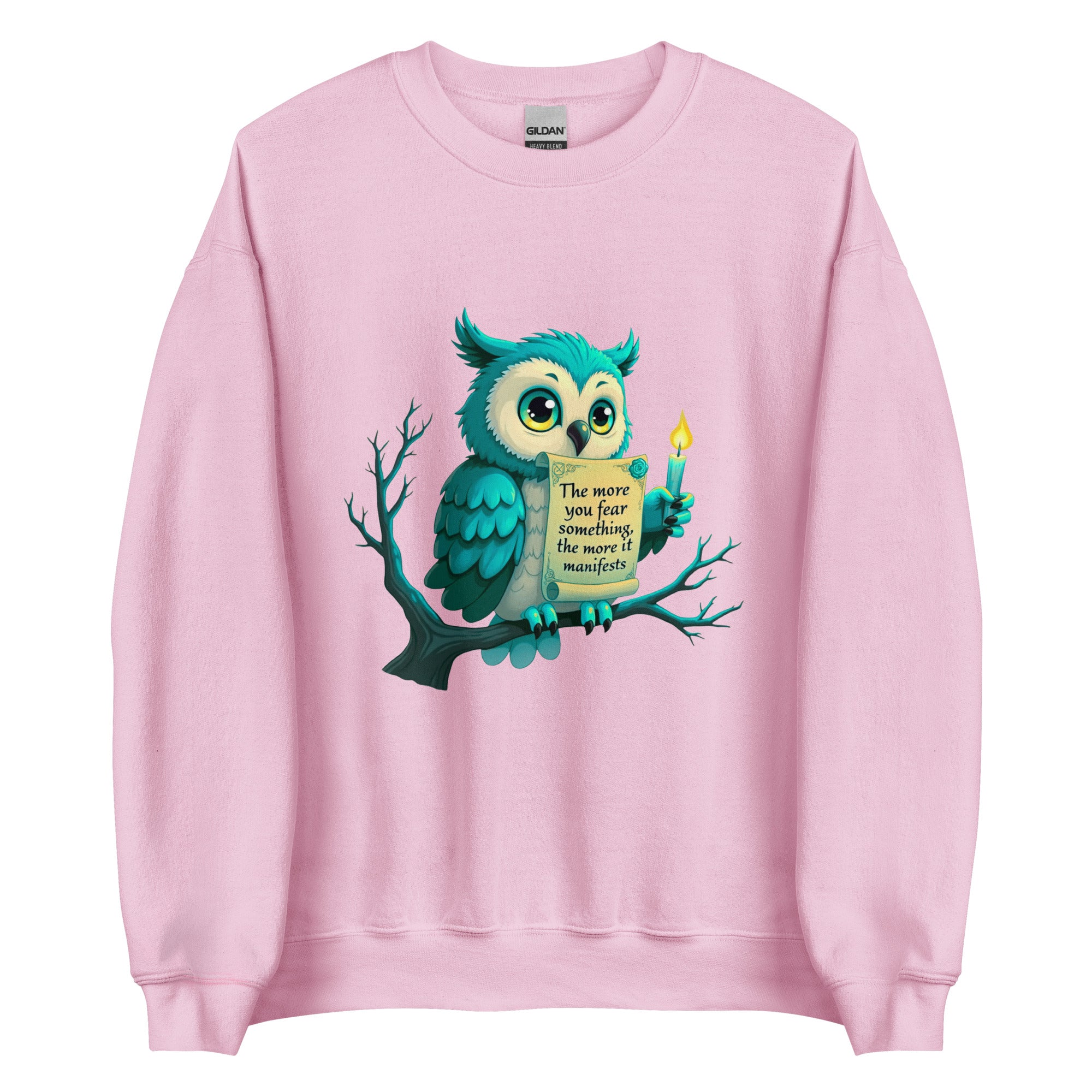 Law of attraction clothing featuring a teal owl holding a scroll and a glowing candle.