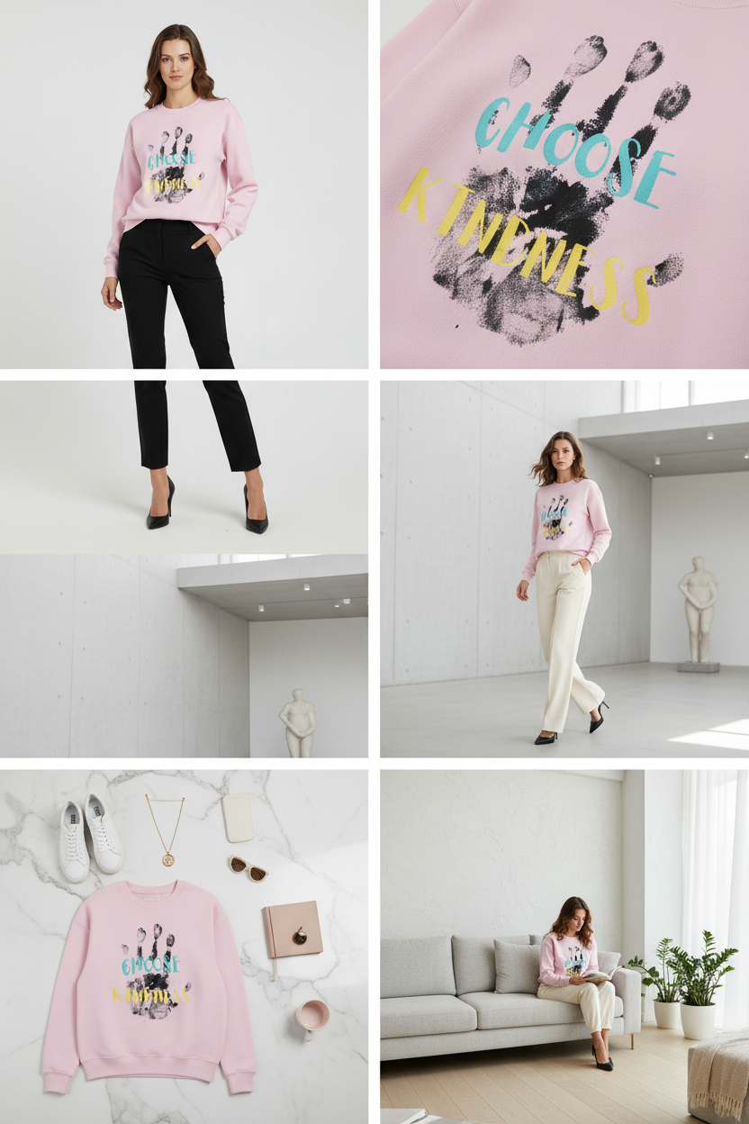 A female model standing against a plain white studio background wearing the APPARELHUE light pink unisex crew-neck sweatshirt featuring a "CHOOSE KINDNESS" graphic text overlay on a black handprint, paired with tailored black trousers.