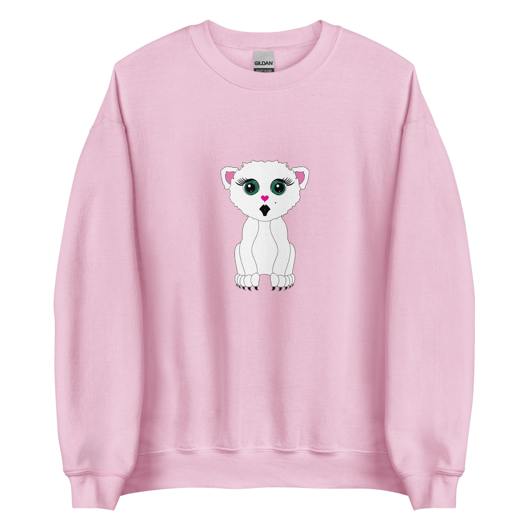 Apparelhue sweatshirt with a white cat graphic print in an urban city setting.