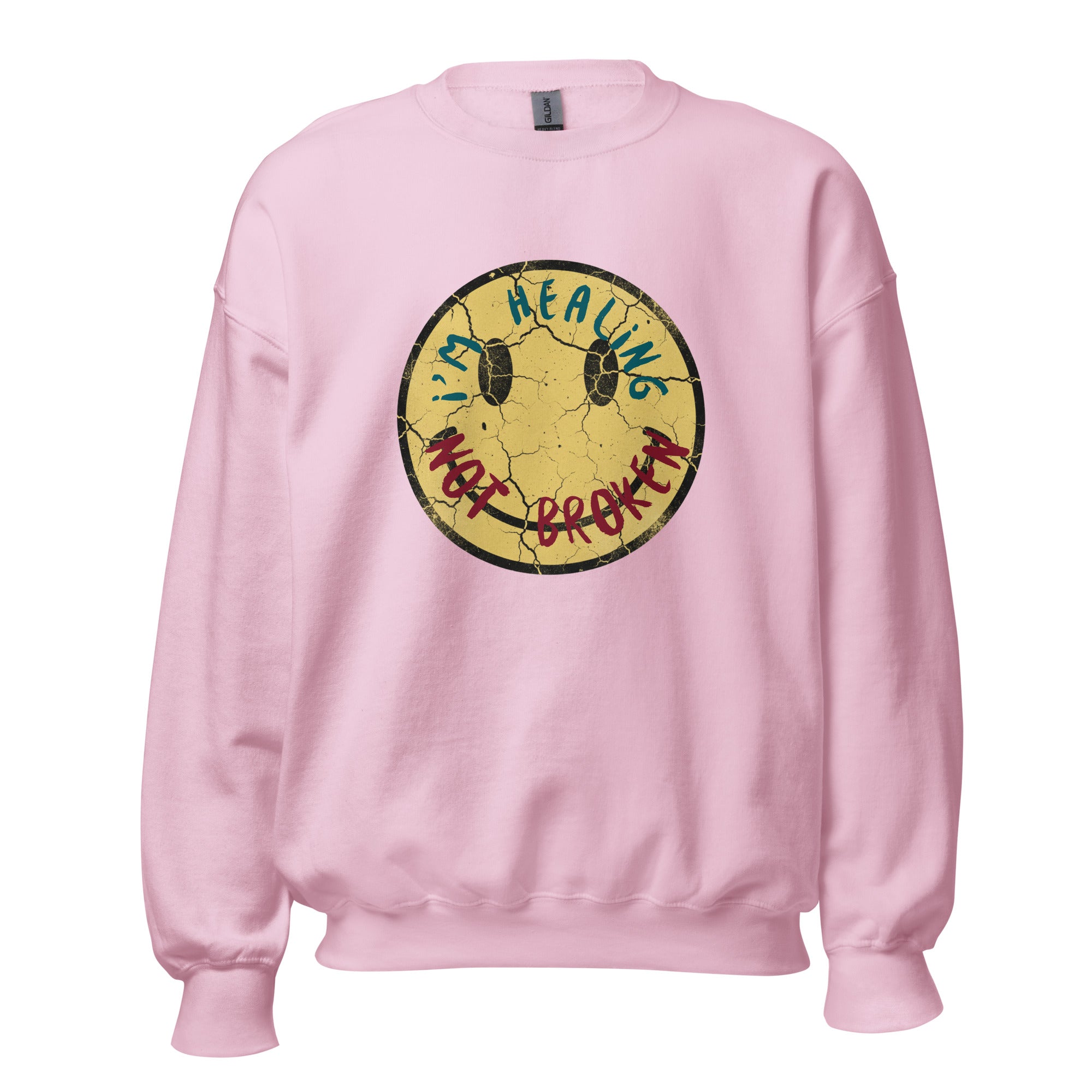 Pink sweatshirt with a graphic design on a white background