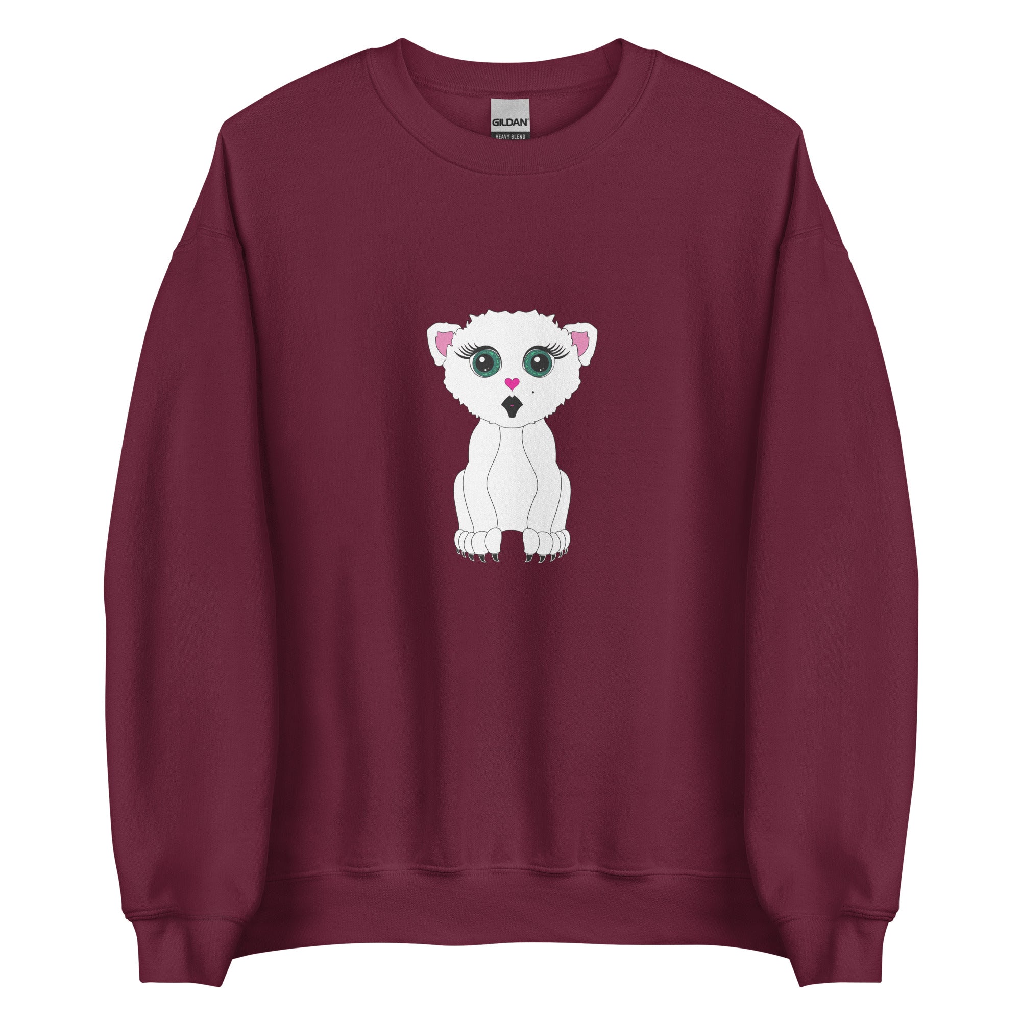 Edgy yet cute wearable art sweatshirt featuring a white kitten with striking green eyes on a black background.