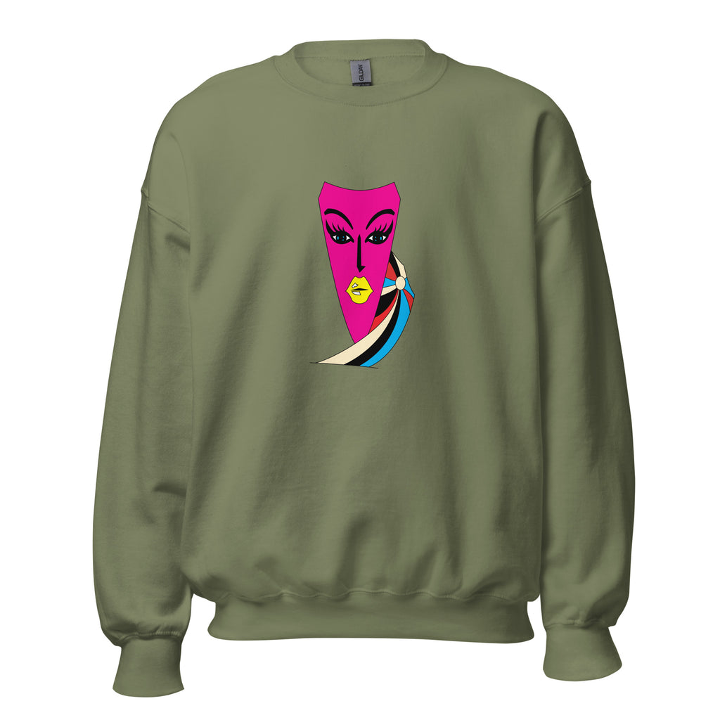 Green sweatshirt with a pink and blue abstract face art print on the front.