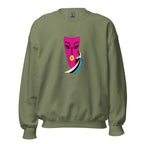 Green sweatshirt with a pink and blue abstract face art print on the front.