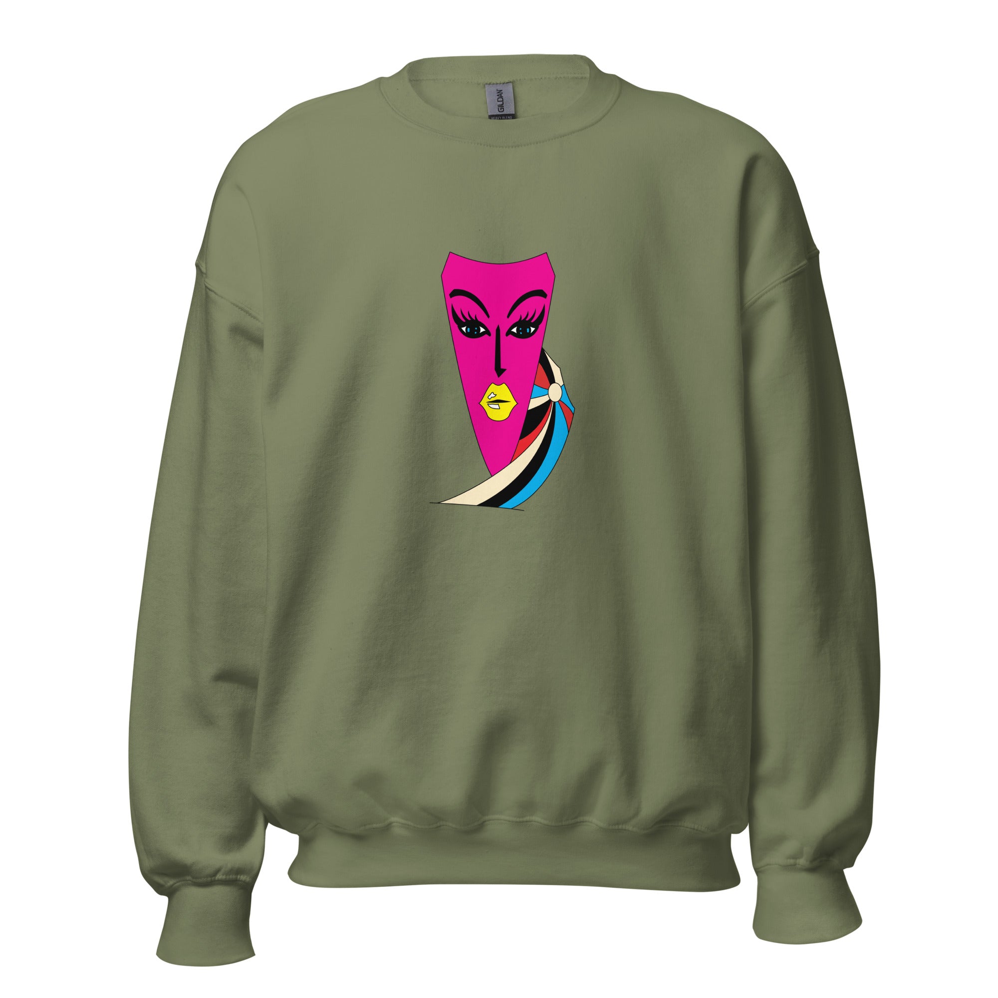 Green sweatshirt with a pink and blue abstract face art print on the front.