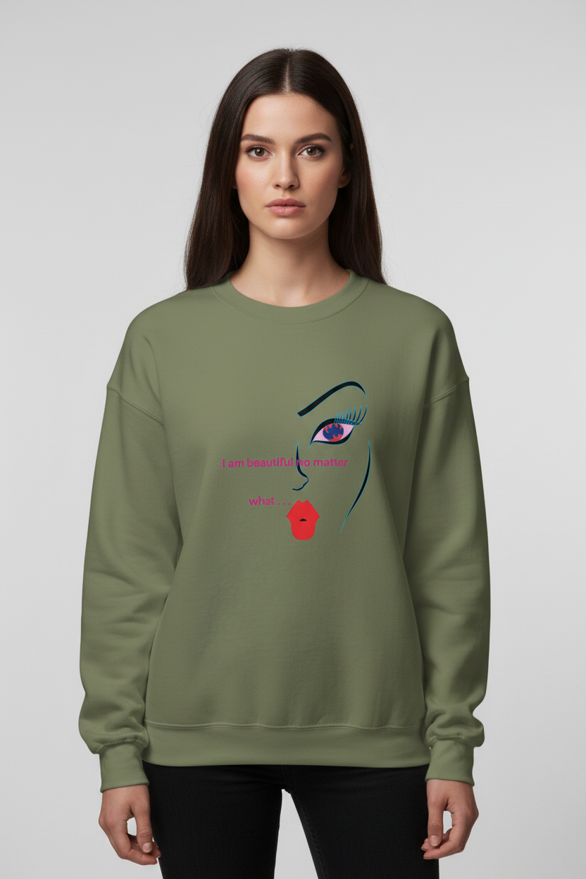 Person wearing a green sweatshirt with a face design on a plain background