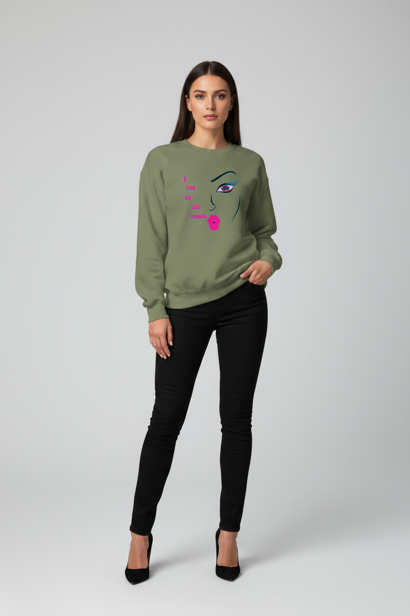 Woman wearing a green sweatshirt with a face design on a gray background