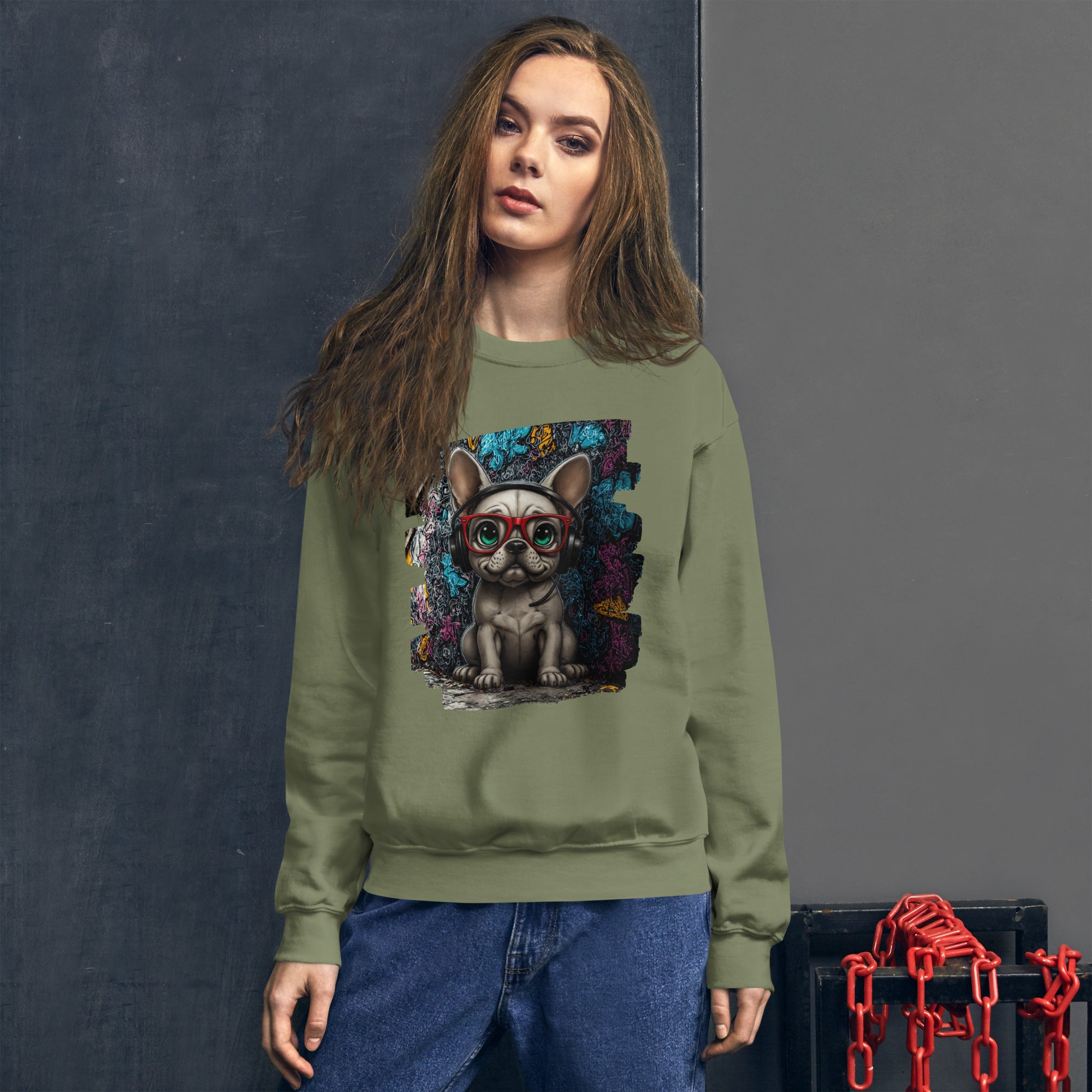 Retro Frenchie DJ sweatshirt vibrant street art style