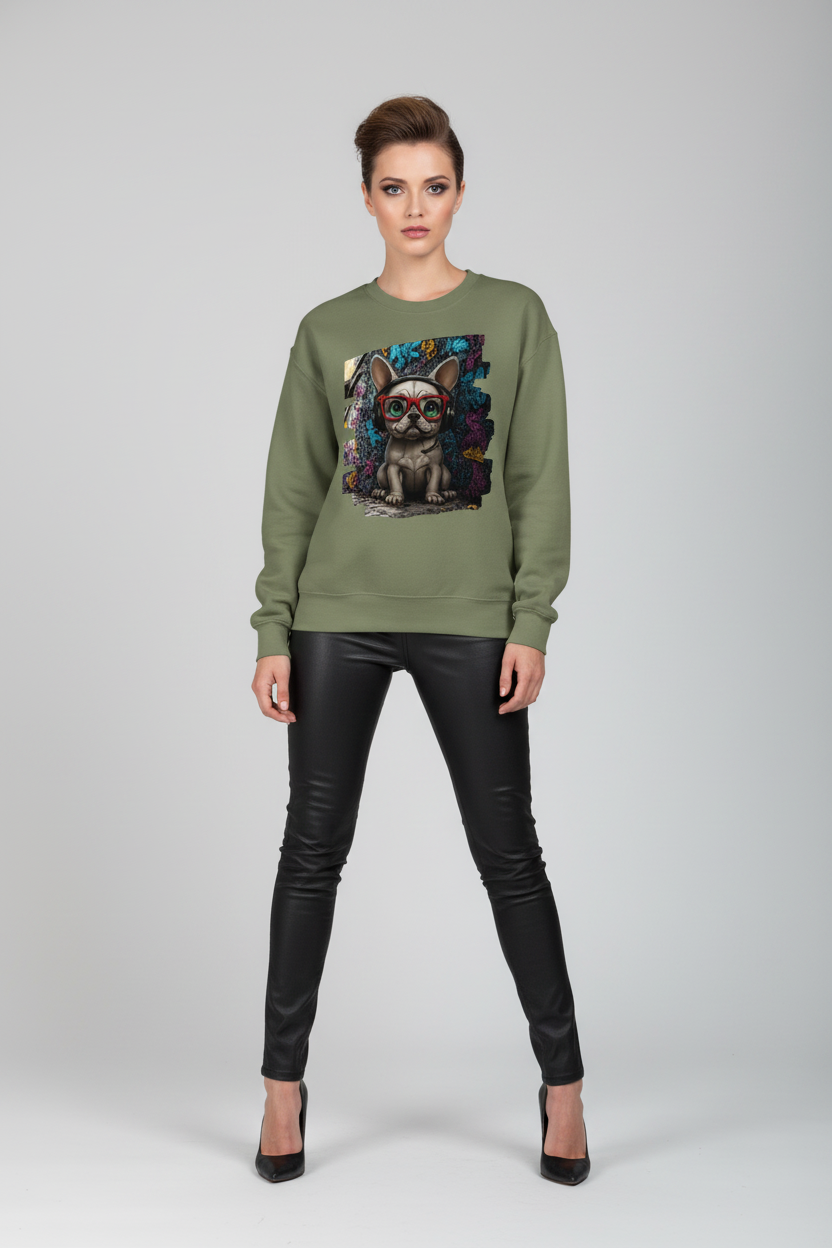 Woman wearing a green sweatshirt with a graphic design on a gray background