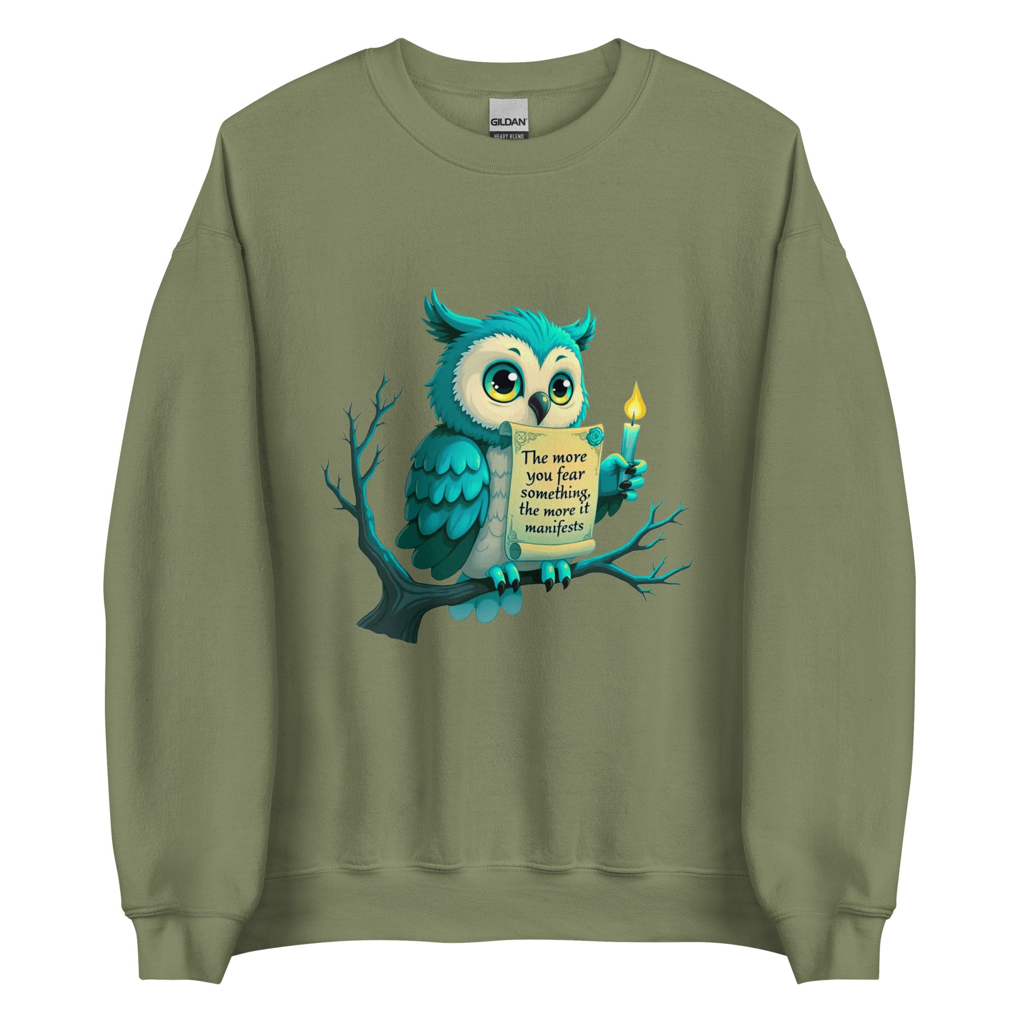 Wise owl illustration on a cosy sweatshirt holding a scroll with a teal candle.
