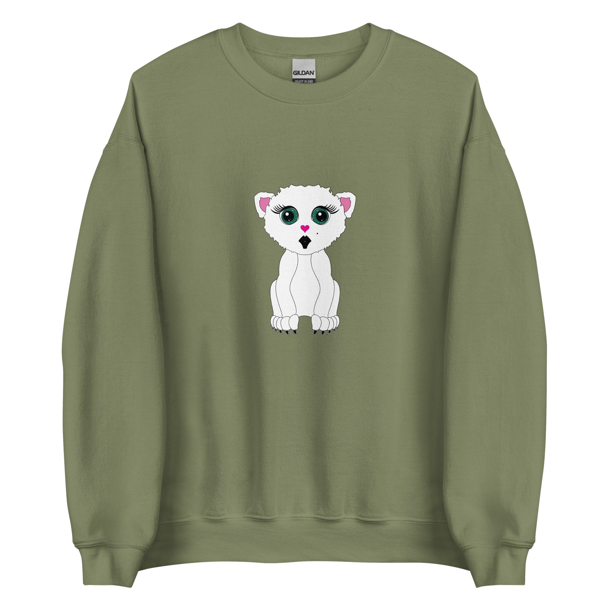 white cat graphic sweatshirt from Apparelhue's artistic apparel collection.