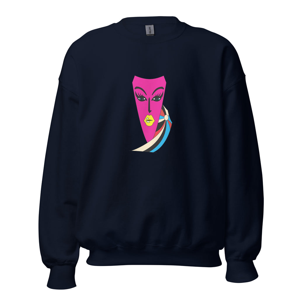 A navy blue sweatshirt with a pink and blue abstract face art print on the front.