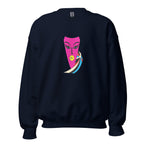 A navy blue sweatshirt with a pink and blue abstract face art print on the front.