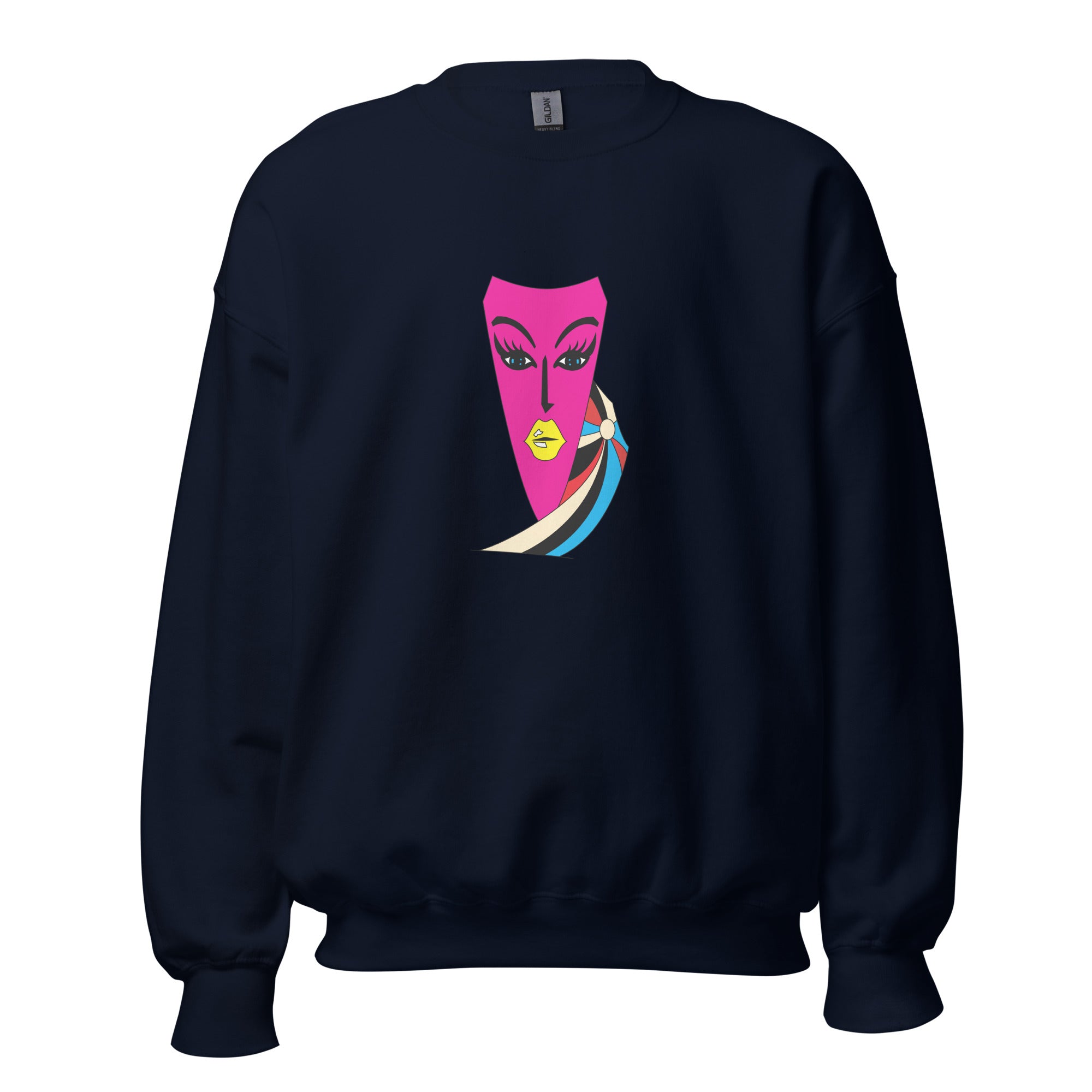 A navy blue sweatshirt with a pink and blue abstract face art print on the front.