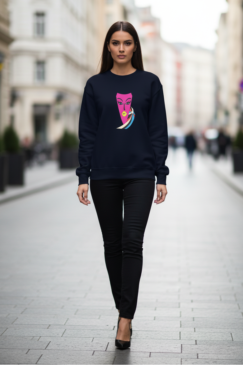 Woman wearing a black sweatshirt with a colorful graphic on a city street.