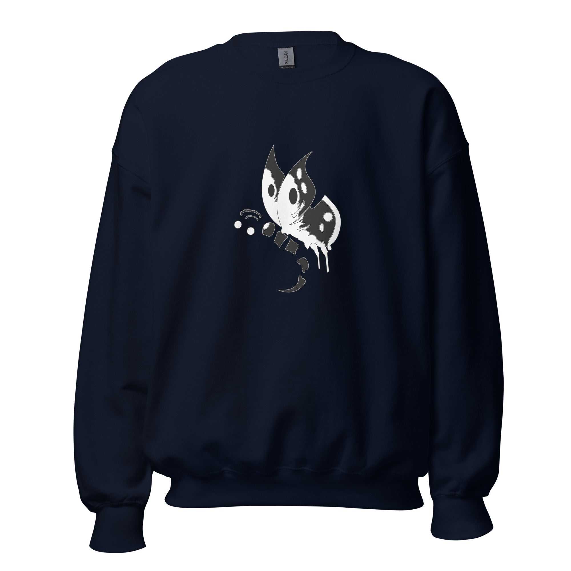 A navy blue unisex sweatshirt with a graphic print of a butterfly on the front.