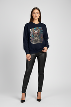 Woman wearing a navy blue sweater with a dog graphic on a white background