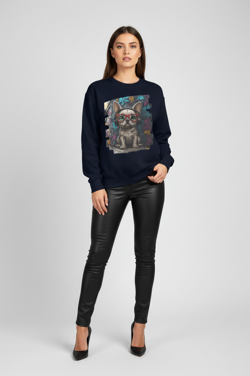 Woman wearing a navy blue sweater with a dog graphic on a white background
