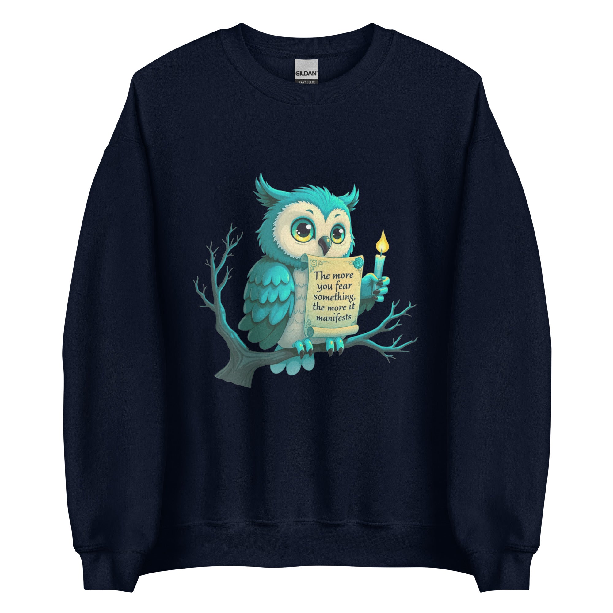Cartoon teal owl with large yellow eyes holding a lit candle and ancient scroll.
