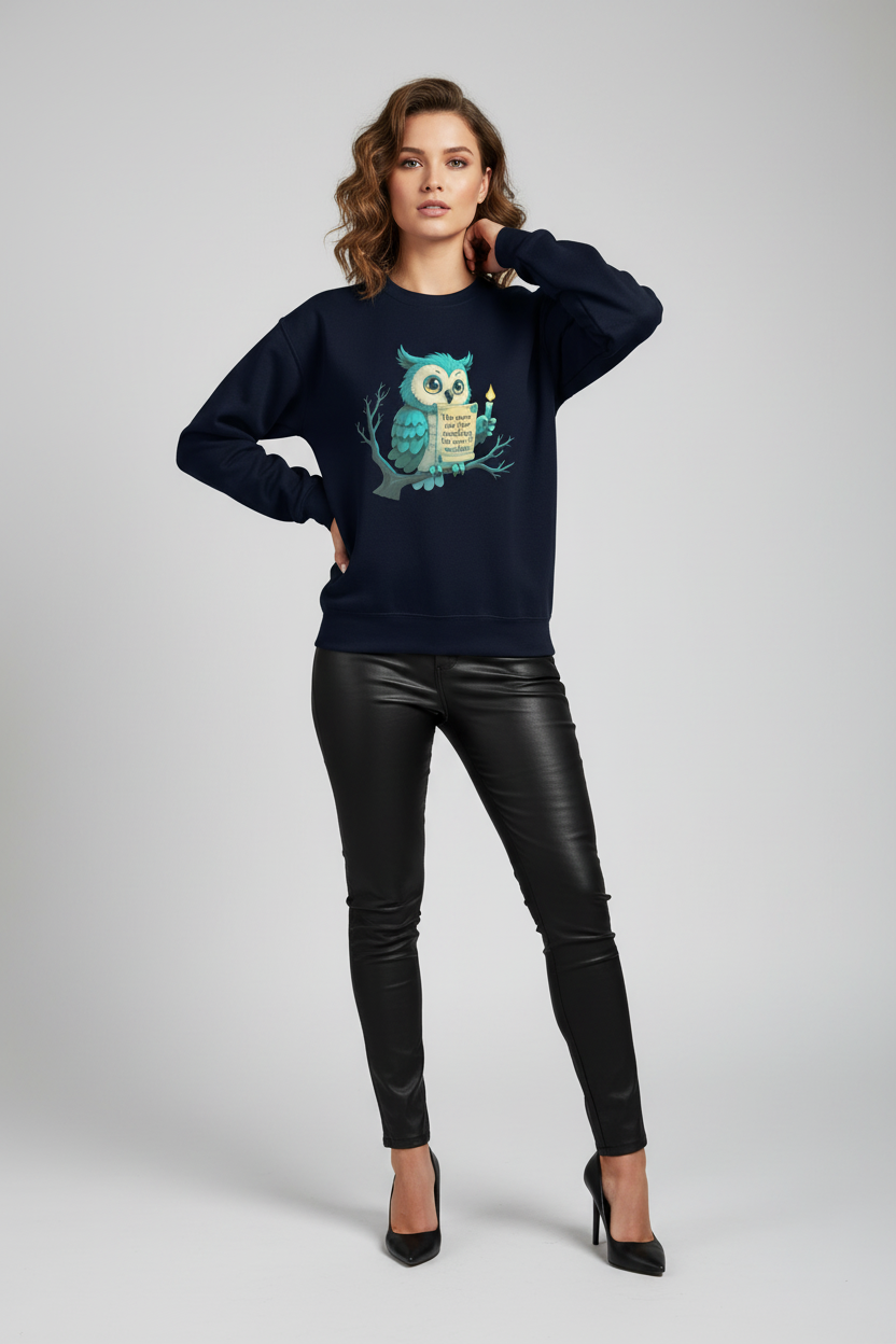 Woman wearing a navy blue sweater with an owl design on a gray background