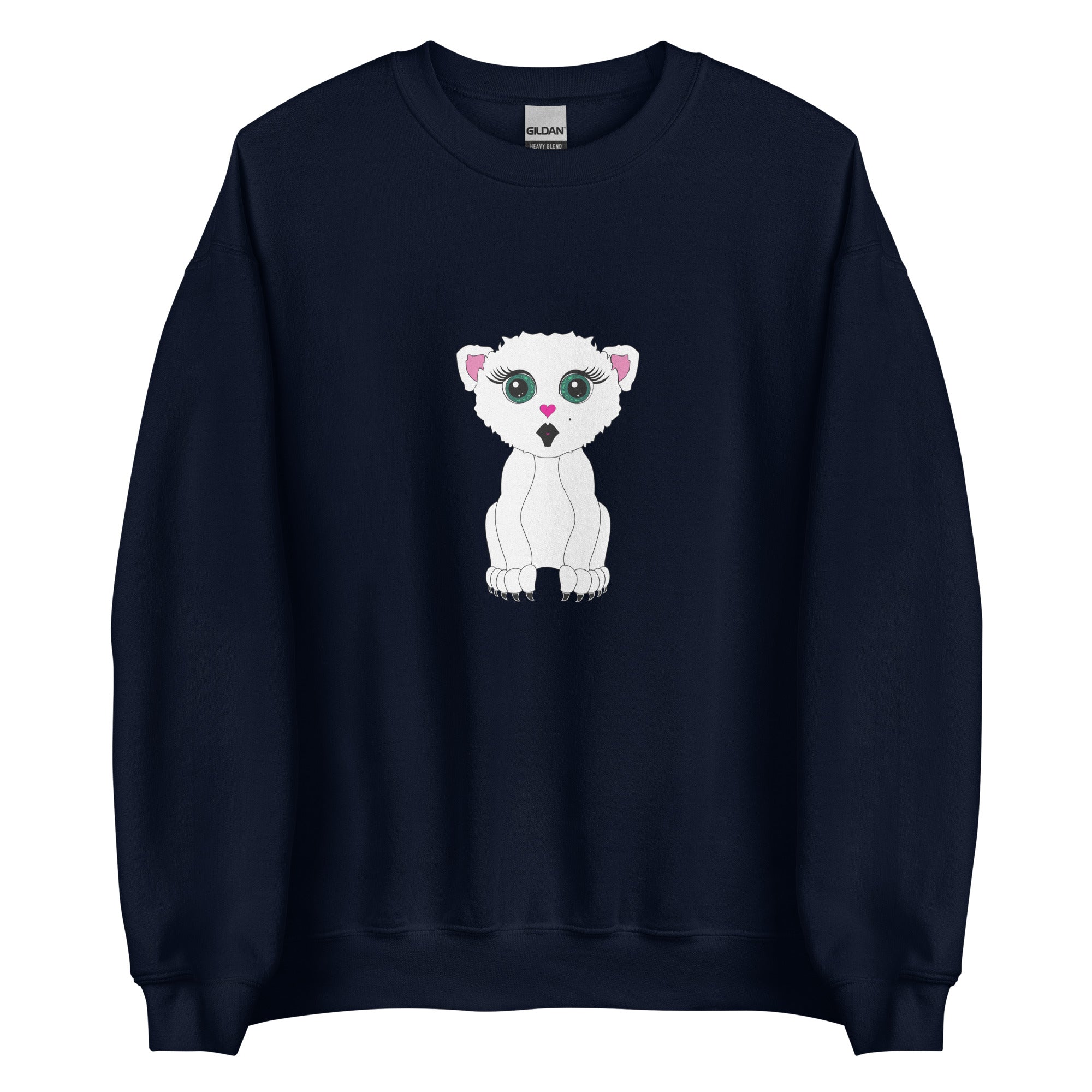 Modern urban streetwear style black sweatshirt with a central white cat graphic illustration.