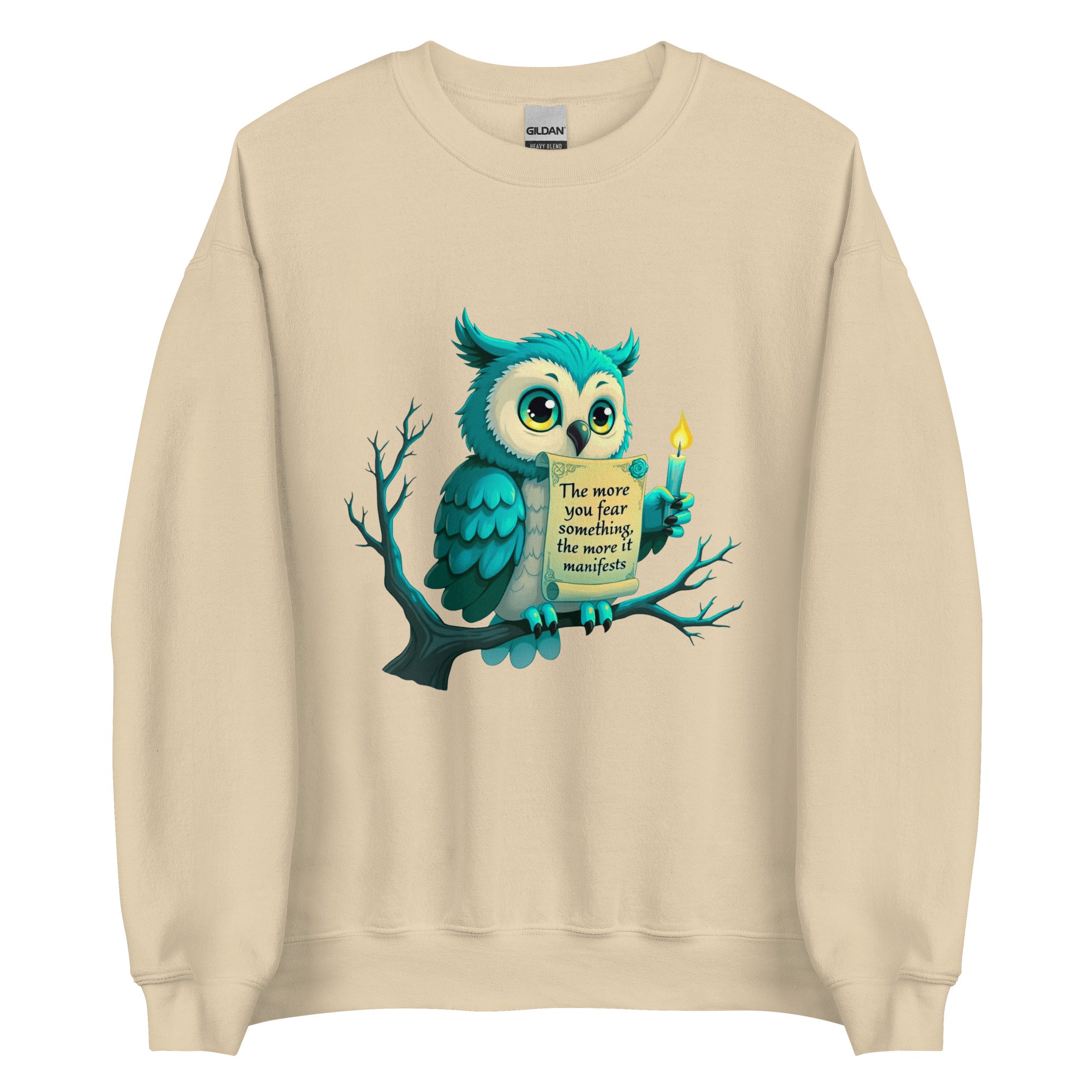 Artistic owl graphic with a message about overcoming fear on a grey sweatshirt.