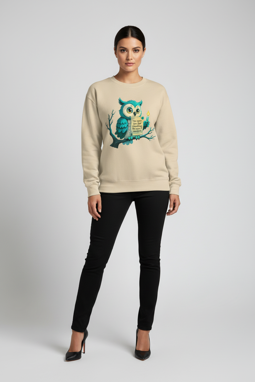Woman wearing a beige sweater with an owl design on a plain background