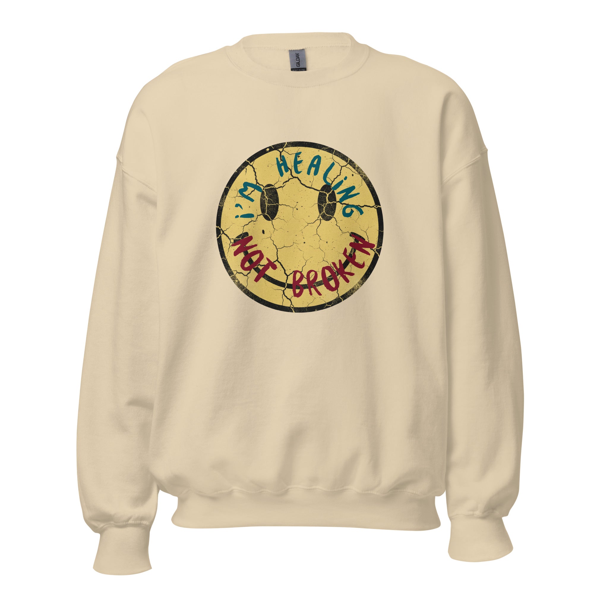 Beige sweatshirt with a graphic design on a white background