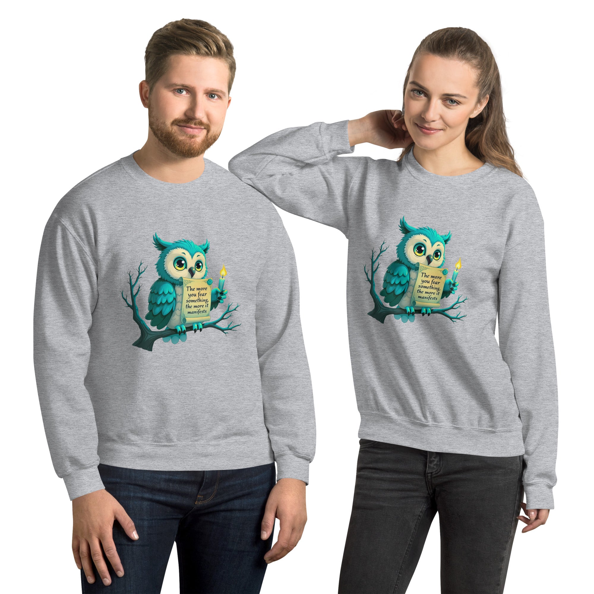 Whimsical owl on a dark branch with spiritual manifest quote for unisex jumpers.