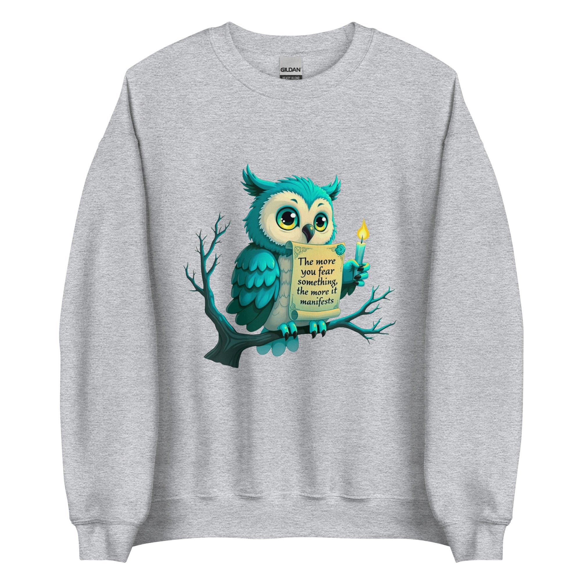 Vibrant teal and blue owl illustration for premium Apparelhue sweatshirts.