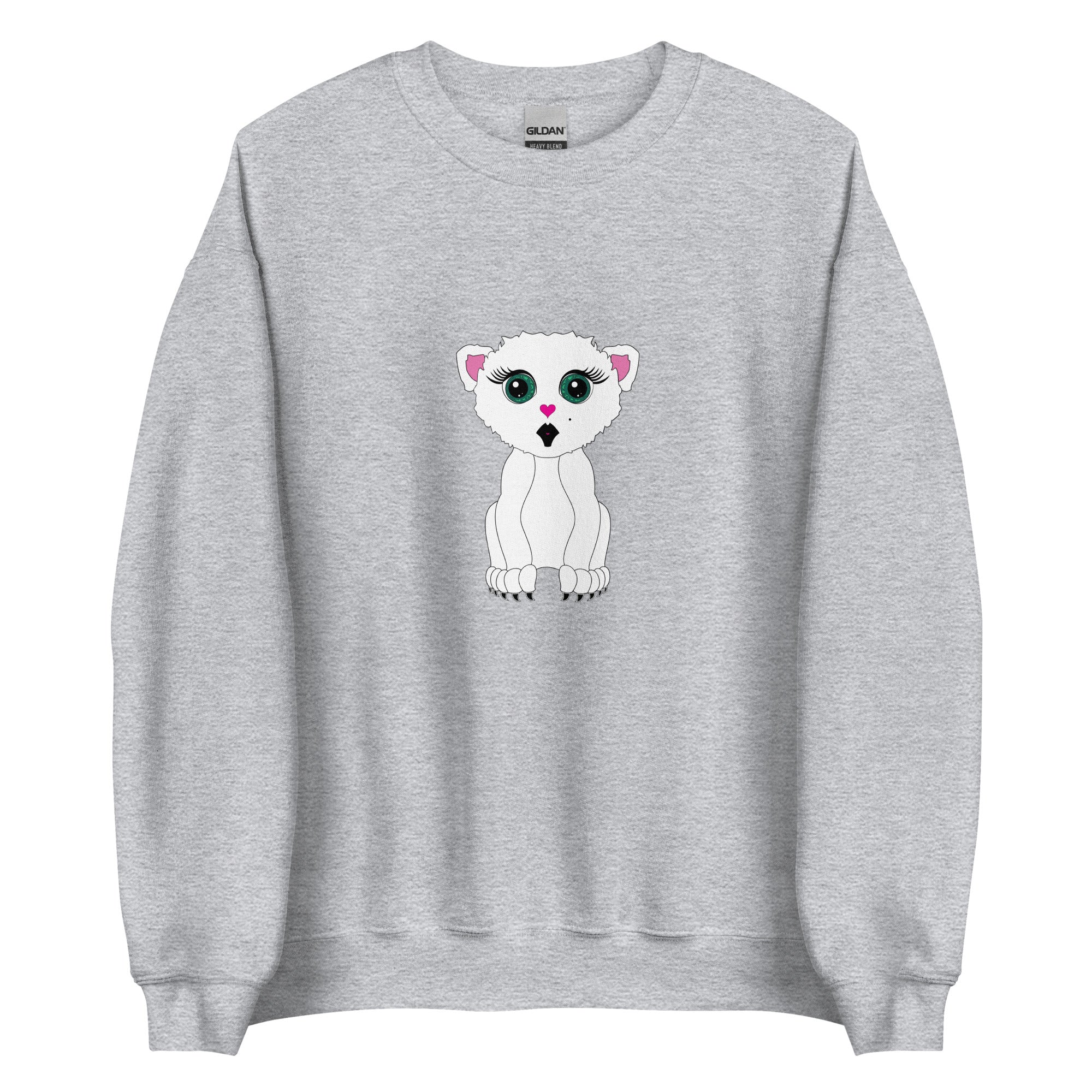 Flat lay of a black graphic sweatshirt by Apparelhue featuring a stylized white kitten print.