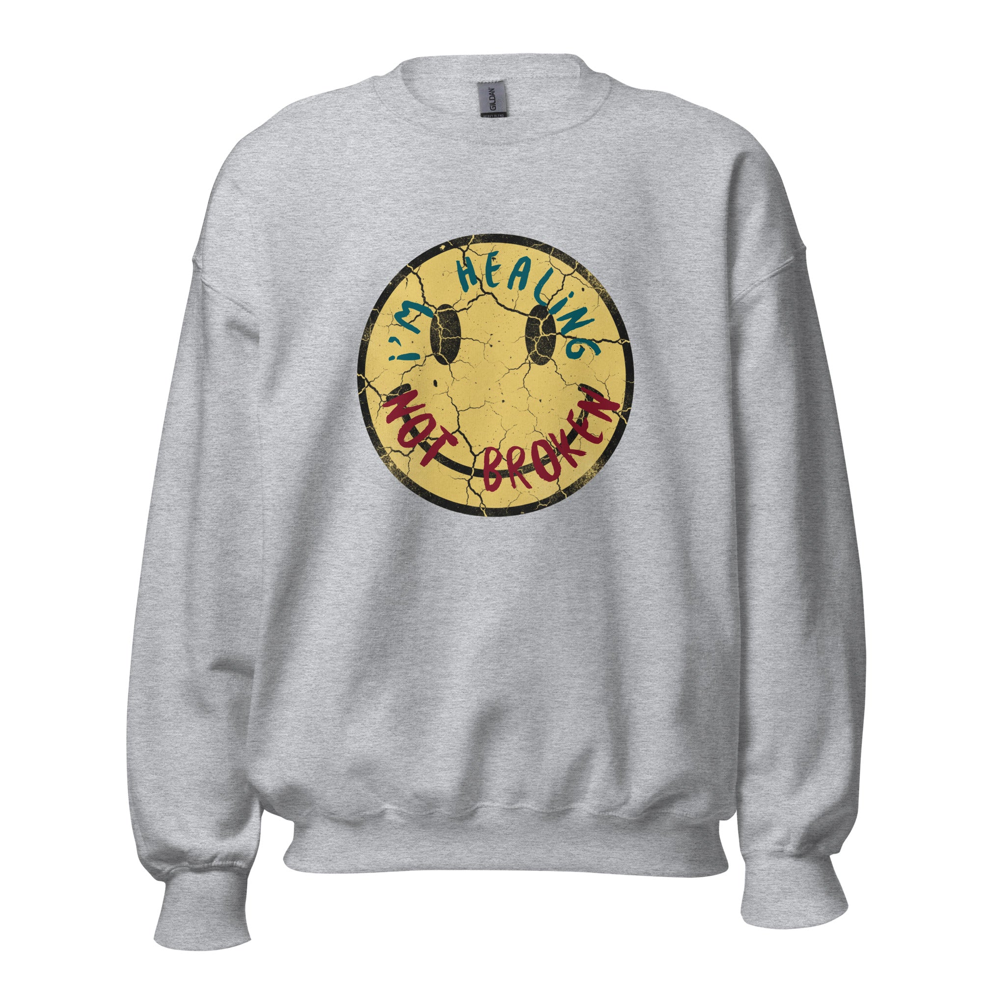 Gray sweatshirt with a yellow graphic design on a white background