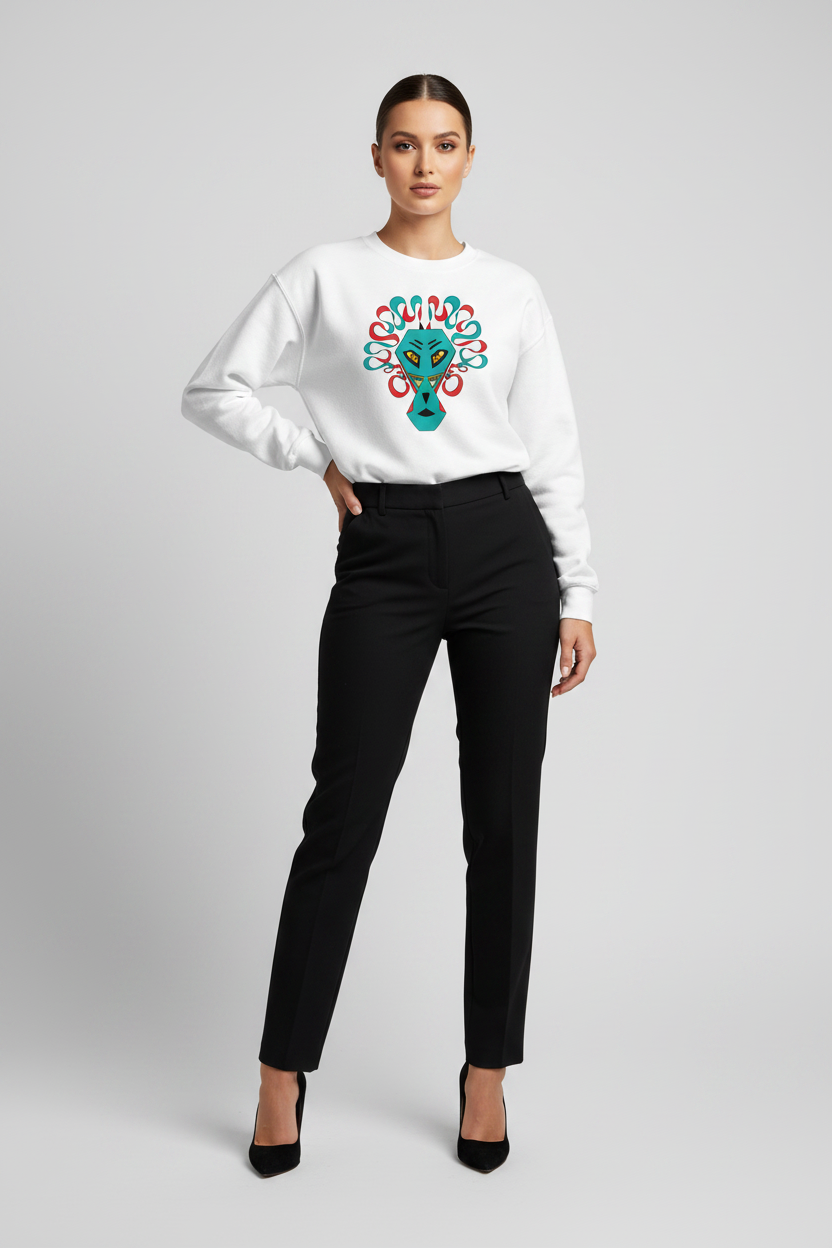 Woman wearing a white sweatshirt with a colorful design and black pants on a gray background