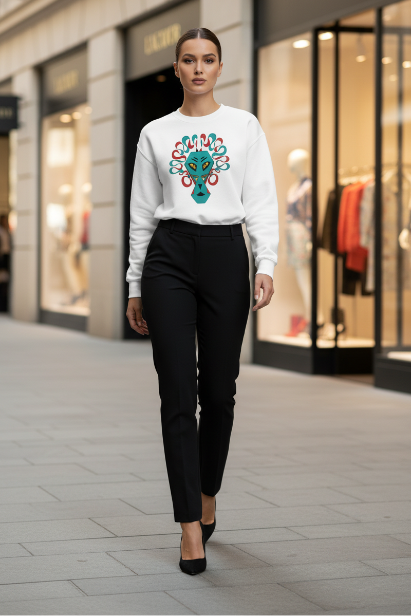 Woman wearing a white sweatshirt with a colorful alien design on a city street.